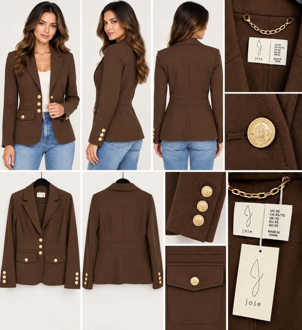 Joie Brown Notch Lapel Single-Breasted Three-Button Gold Blazer XS Women